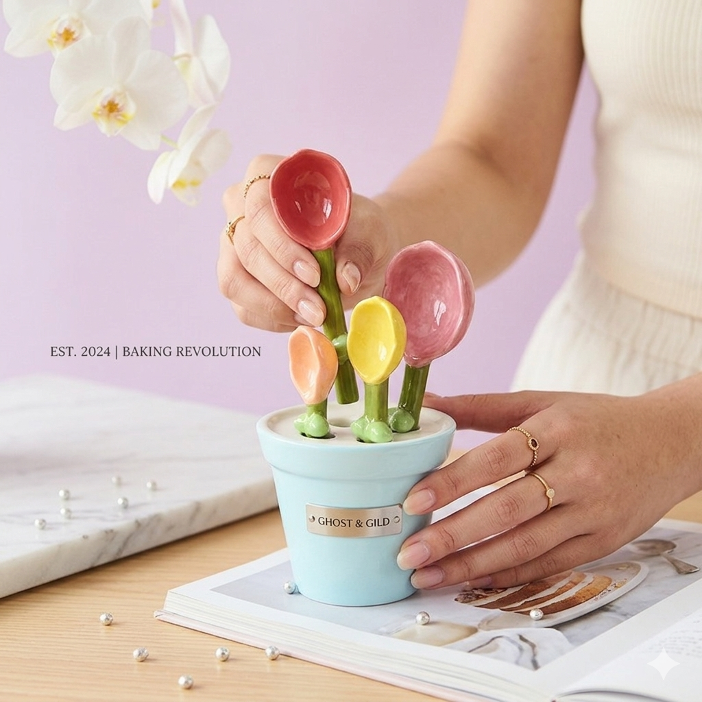 4-Piece Ceramic Flower Measuring Spoons with Flowerpot Decorative Base