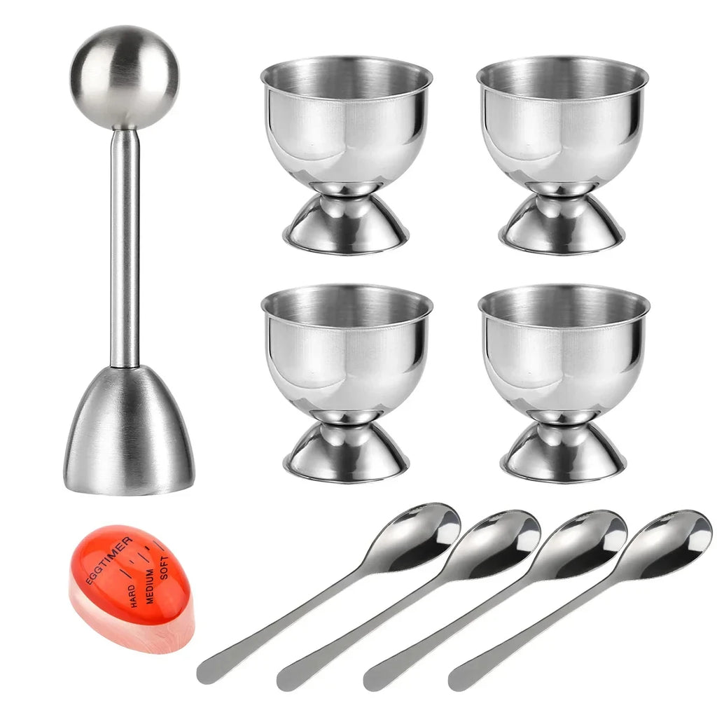 Creative Egg Opener Egg Shell Opener With Egg Tray Set and Spoons Stainless Steel Opening Egg Breakfast Tool Kitchen Accessories